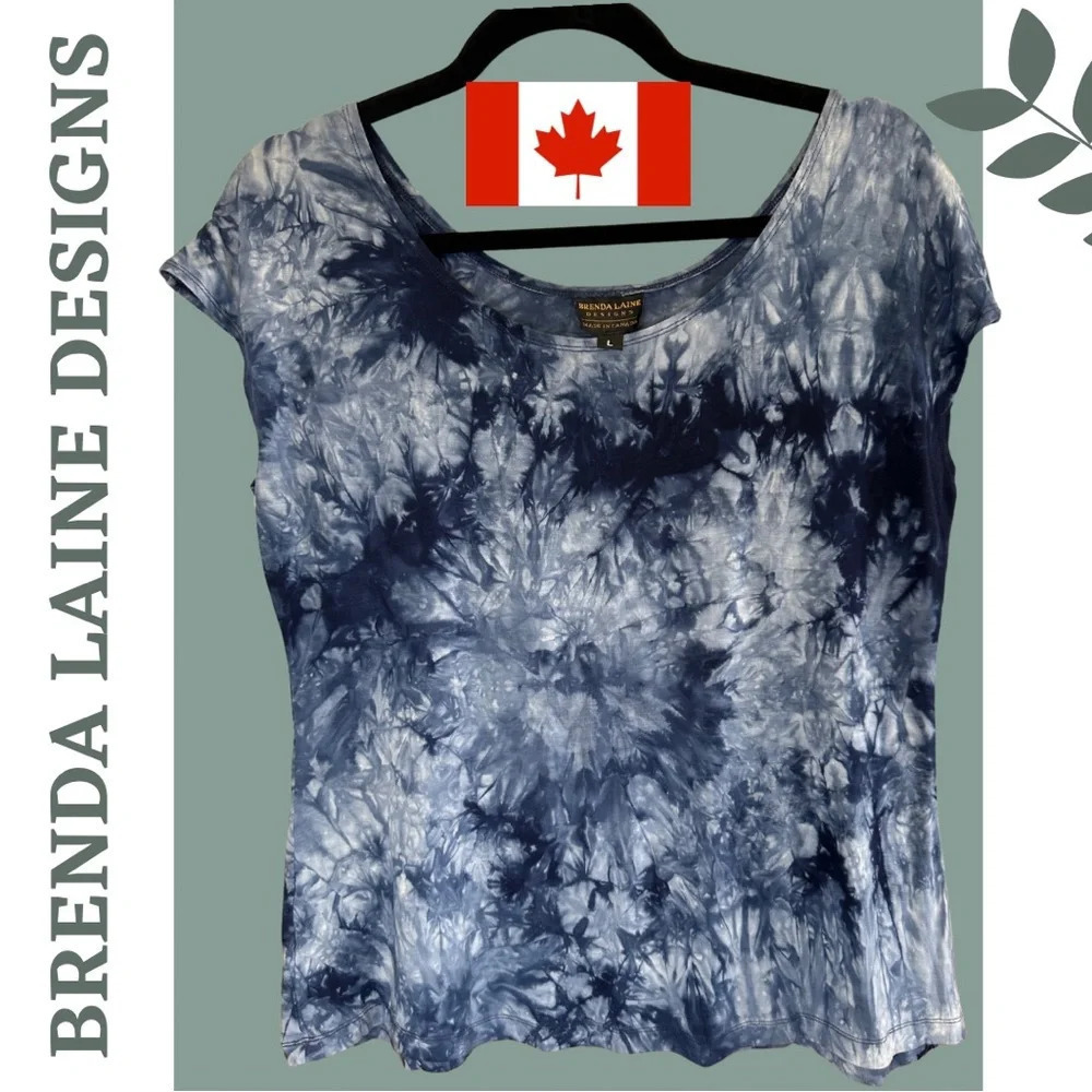 🛍️3/$40 Brenda Laine Shirt Sleeve Blue Tie Dye Top size Large